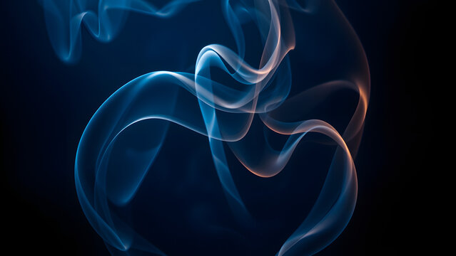 Abstract blue and orange smoke wisps flowing elegantly against dark background