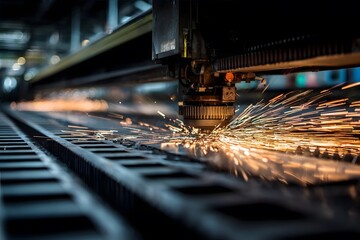 A high?precision industrial machine cuts metal sheets with bright sparks flying in a factory setting.