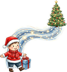 Happy boy holding gift near christmas tree with lights isolated on transparent background