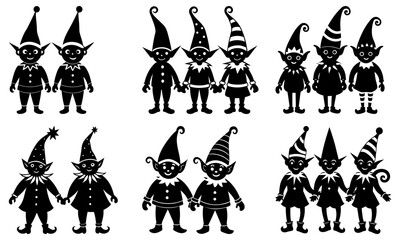 Fototapeta premium Group of smiling elves with pointed hats on white background holiday
