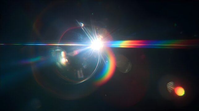 A bright white light source creates colorful lens flares against a dark background.
