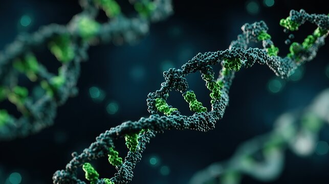 DNA methylation modification process, methyl groups binding to DNA strands, green fluorescent labeling, dark blue scientific background schematic