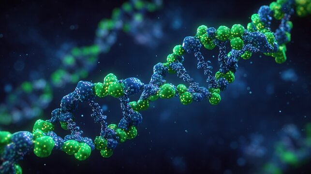 DNA methylation modification process, methyl groups binding to DNA strands, green fluorescent labeling, dark blue scientific background schematic