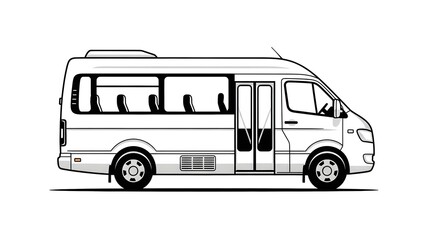 A white passenger van or minibus in a simplified, outline-style illustration, depicting a vehicle for group transportation services
