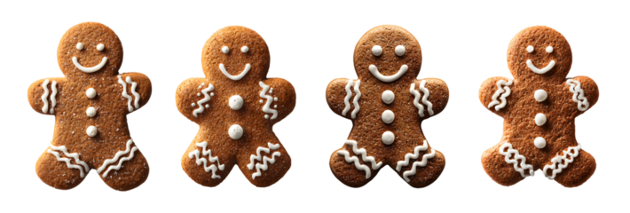 gingerbread man sugar cookies decorated with white icing on transparent background, festive holiday bakery sweet treat