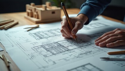 Engineer draws building plans with pencil. Architect reviews house design on paper with model. Professional works on construction project details, creating blueprints for future home.