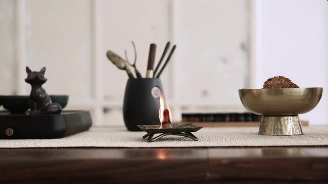 Incense burning. Spiritual practice. Tools for meditation yoga activity mental health smoke fire destress oriental atmosphere.