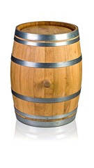 Obraz premium A classic, wooden container, banded with metal hoops. The vessel sits on a white surface with a slight reflection, highlighting its cylindrical form