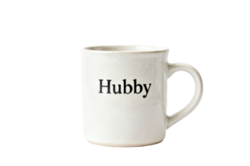 A classic white ceramic mug with the word hubby printed on it isolated on a transparent background