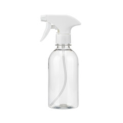 A clear plastic spray bottle with a white trigger nozzle isolated on a dark backdrop