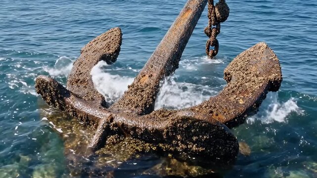 A weathered, heavy metal anchor, thickly encrusted with barnacles and diverse marine growth, rests partially submerged in crystal-clear blue ocean water. Gentle waves ripple gracefully around the anci