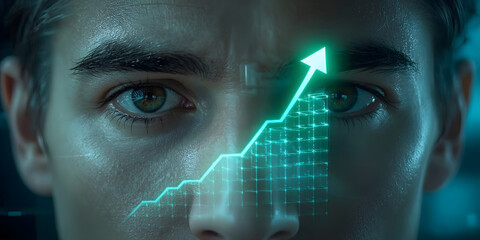 Business Visionary with Holographic Growth Chart Over Eye