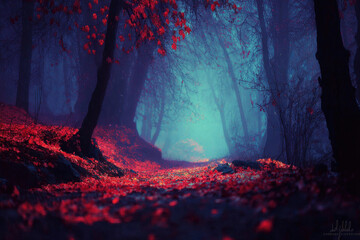 Mysterious Foggy Forest Path at Night with Red Foliage and Ambient Blue Hues