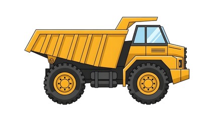 Obraz premium A yellow heavy-duty dump truck, cartoon style, with large wheels and a raised bed for transporting materials, isolated on white