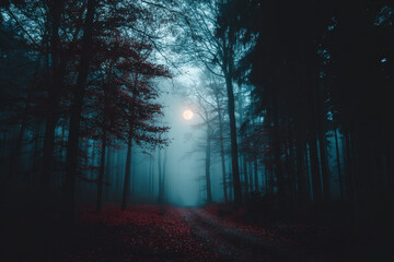 Fototapeta premium Mysterious Forest Pathway with Red Foliage and Atmospheric Fog Illuminated by Glowing Orb