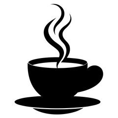 A classic minimalist silhouette of a hot steaming coffee cup on a saucer, perfect for cafes Vector