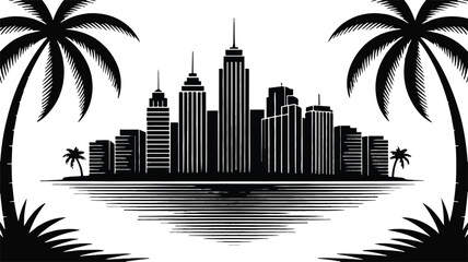 Urban skyline with palm trees silhouette, city buildings reflecting on water, tropical destination vector illustration © MDMUKTADIR