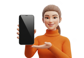 Smiling 3d woman presenting smartphone, isolated on transparent background