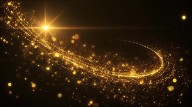 Golden light vortex spiraling from corner releasing radiant particles creating energetic luminous abstract scene motion