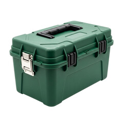 Green plastic toolbox with black handle and silver latches on black background tool box