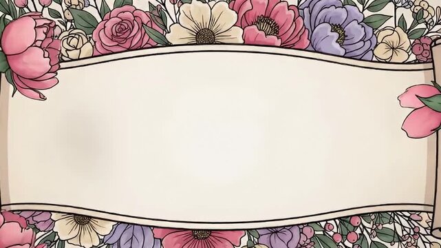 An elegant hand-drawn animation features a beautiful floral frame surrounding a blank scroll-like banner, providing ample copy space. The vibrant bouquet, illustrated in a delicate style, includes var