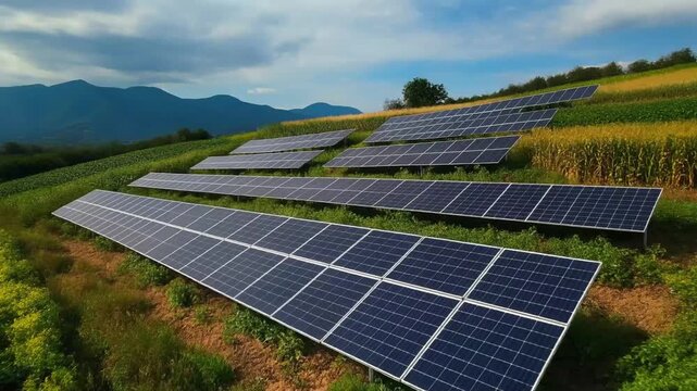Agrivoltaic rows of solar panels on a grassy hillside under a cloudy sky, symbolizing renewable energy and sustainability