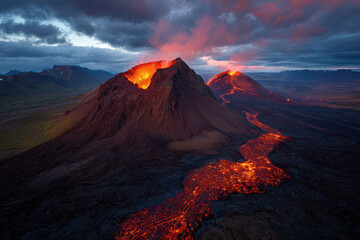 Fototapeta premium Erupting Volcano in Iceland with Flowing Lava under Dramatic Cloudy Sky