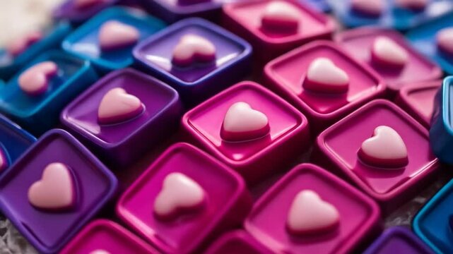 Rows of vibrant blue, purple, and pink square containers holding delicate pink hearts