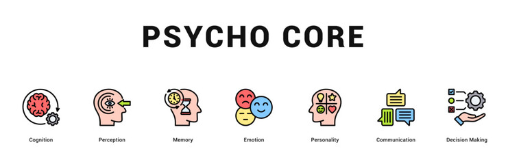 Psycho Core Modern and clean web banner illustration featuring thematic icons for visual communication