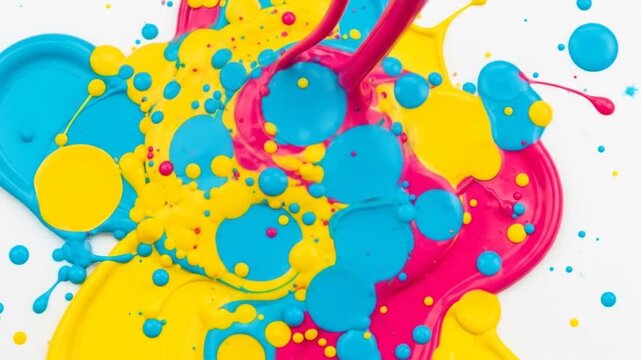 Vibrant blue, yellow, and magenta liquid paints swirl and splash on white, forming colorful blobs