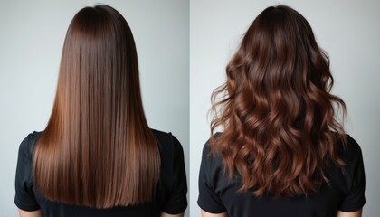 Fototapeta premium Woman shows before and after results of keratin hair treatment. Straightened smooth hair transforms into bouncy curls, adding volume and shine. Healthy transformation of brown locks.