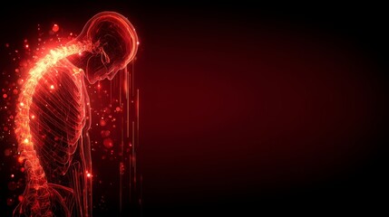 Red glowing human spine and skeleton illustrating pain and discomfort with sparkling particle effects on a dark abstract background.