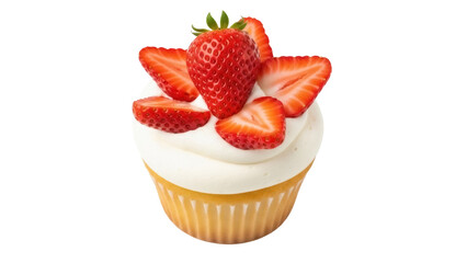 Delicious strawberry cupcake PNG isolated on transparent background, sweet dessert with fresh fruit topping for bakery and confectionery designs