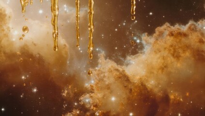 Golden Liquid Dripping in a Cosmic Nebula with Stars.
