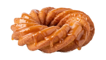 Delicious glazed cruller donut isolated PNG, sweet pastry with caramel topping on transparent background for dessert and bakery concepts