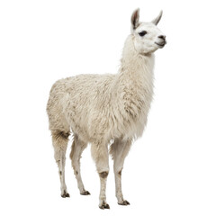 Fototapeta premium A solitary fluffy white llama stands isolated on a transparent background