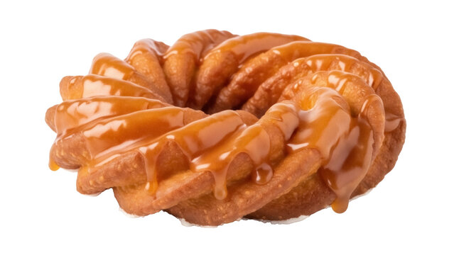 Delicious glazed cruller donut isolated PNG, sweet pastry with caramel topping on transparent background for dessert and bakery concepts