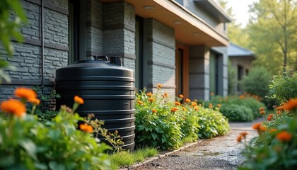 Black plastic water barrel collects rain by house. Green garden flowers bloom near barrel. Modern home collects water for conservation. Sustainable living, eco friendly solution.