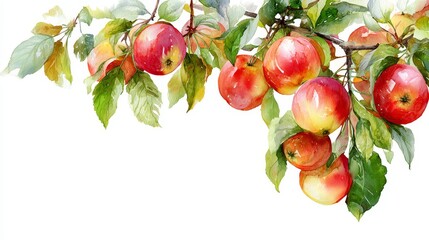 Vibrant watercolor illustration of ripe red and yellow apples on a leafy apple tree branch with a clean white background and copy space.
