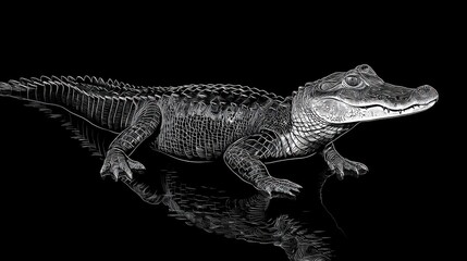Naklejka premium Detailed Outline of a Crocodile Against a Black Background