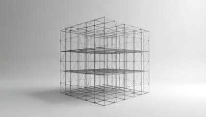 Fototapeta premium Wireframe cube structure with multiple levels. Simple geometric form shows modular design, skeletal framework on clean light background. Represents building blocks concept or abstract digital model.