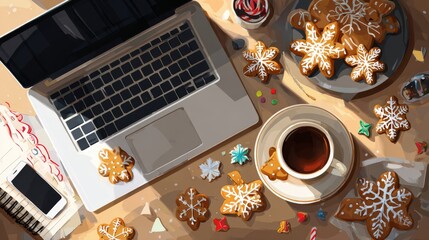 Overhead view of Christmas gingerbread cookies, coffee, and a laptop on a desk, creating a festive holiday work from home atmosphere with warm lighting.