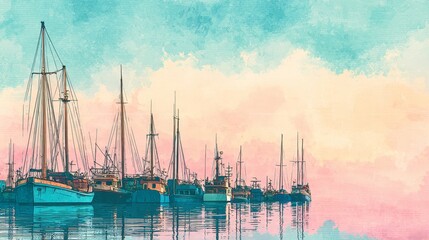 Numerous boats and sailboats docked in a serene harbor, their reflections shimmering on the calm water under a vibrant watercolor sky.