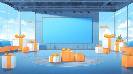 Multiple gift boxes are arranged in a modern, light-filled room with a large blank presentation screen and windows overlooking a stylized sky.