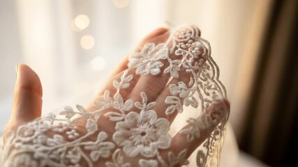 Human hand gently holding delicate white floral lace fabric against soft, warm bokeh