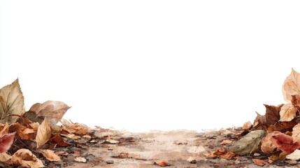 Fototapeta premium Autumn leaves scattered on the ground in a watercolor illustration style with ample white copy space.