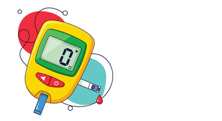 A cartoon illustration of a yellow blood glucose meter displaying zero, with a test strip and a drop of blood, set against abstract colorful shapes.