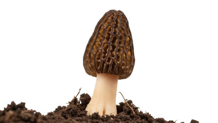 Morel mushroom isolated PNG on transparent background, delicious edible fungus with honeycomb texture for gourmet cuisine