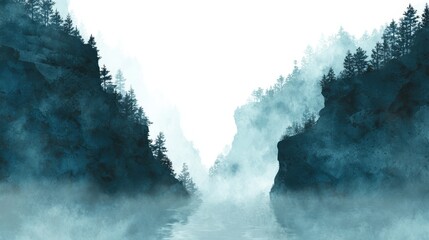 Serene misty mountain landscape with a calm river flowing through a tranquil valley shrouded in ethereal fog and dense evergreen trees.