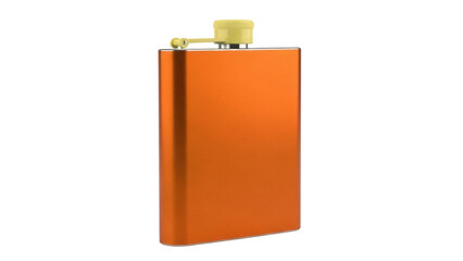 Orange hip flask isolated PNG on transparent background, stainless steel liquor container for travel and outdoor activities